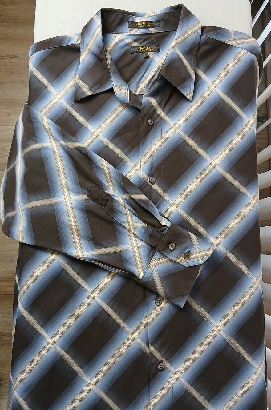 PX Clothing Diamond Plaid Cotton Shirt Mens XL long sleeve black blue retro